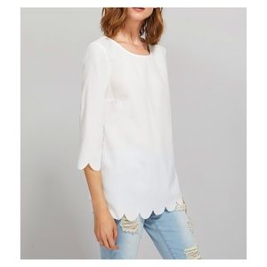 MBM Unlimited Tops - White Solid 3/4 Sleeve Scallop Trim Blouse MBM Unlimited Tops - White Solid 3/4 Sleeve Scallop Trim Blouse